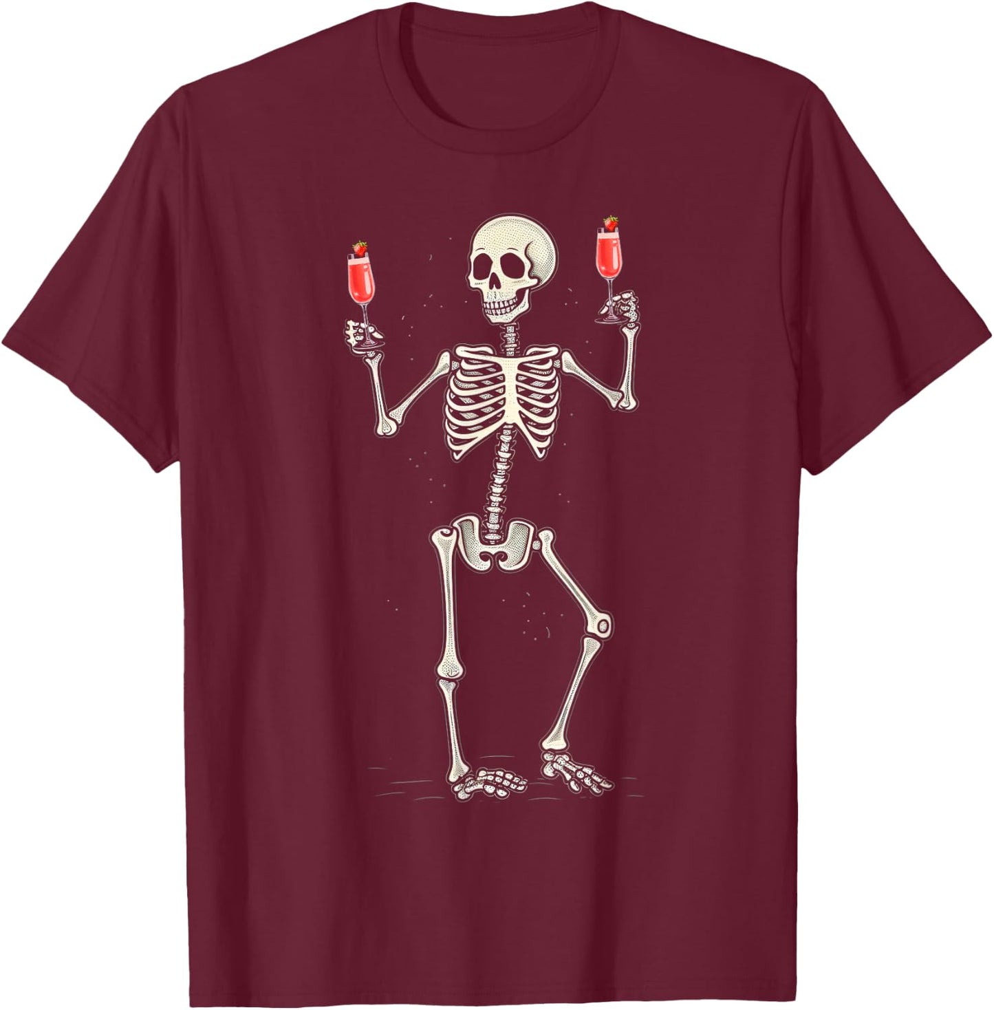 Funny Halloween Skeleton Drinking Strawberry Mimosa Cocktail T-Shirt - T-Shirt | Maroon