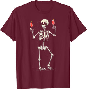 Funny Halloween Skeleton Drinking Strawberry Mimosa Cocktail T-Shirt - T-Shirt | Maroon