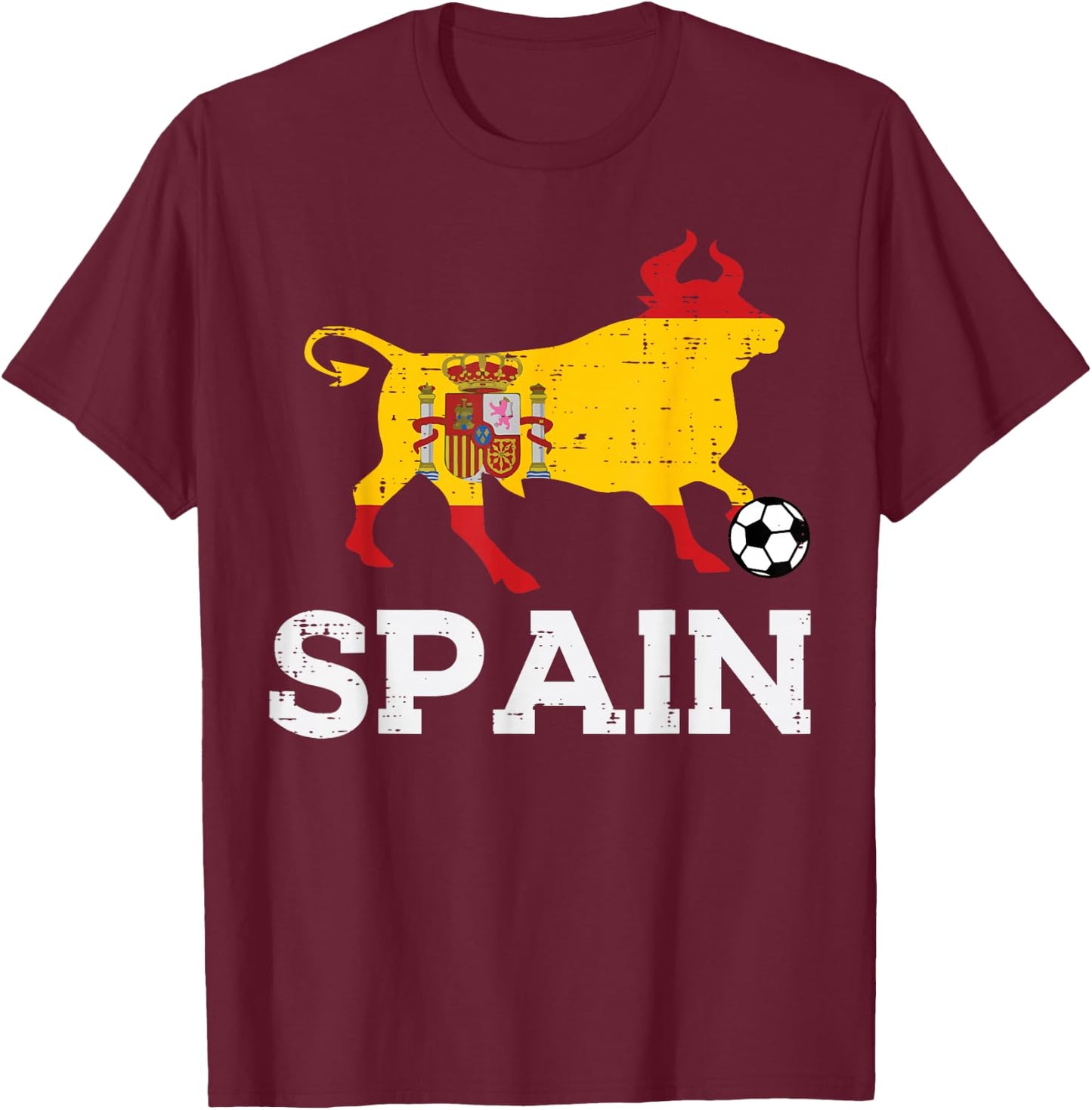 Spain Bull Spanish Soccer Ball Men Women Kids Boys Girls T-Shirt - T-Shirt | Maroon