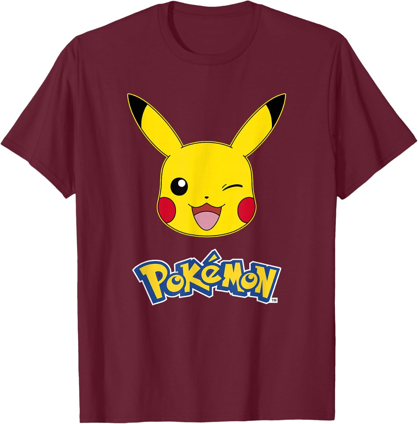 Pokémon Pikachu Wink Cute Face Official Logo T-Shirt - T-Shirt | Maroon