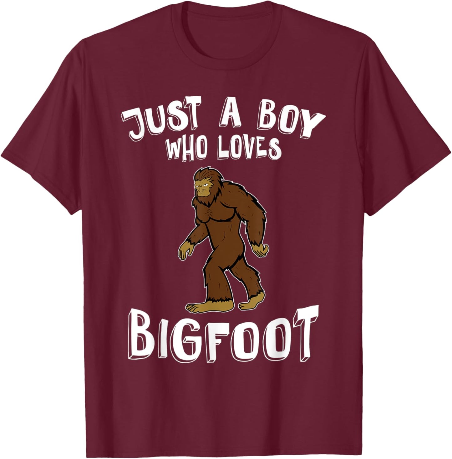 Just A Boy Who Loves Bigfoot Hunter Animal Lover Camping T-Shirt - T-Shirt | Maroon