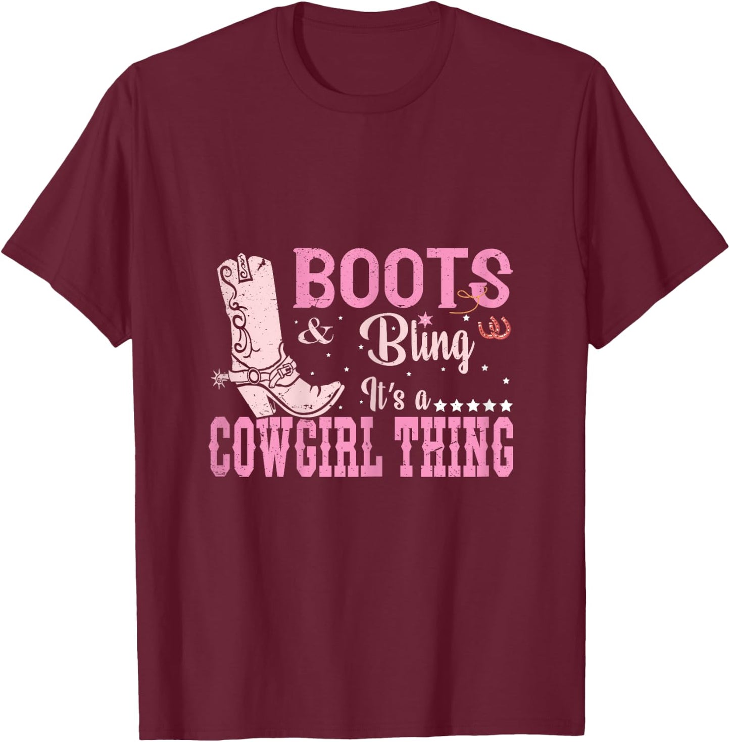 Funny Cowgirl Boots and Bling Graphic Women Girls Cowgirl T-Shirt - T-Shirt | Maroon