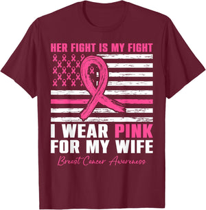 I Wear Pink For My Wife Breast Cancer Husband American Flag T-Shirt - T-Shirt | Maroon