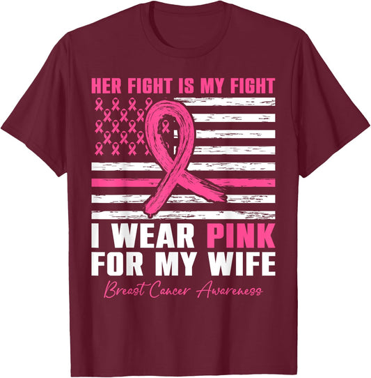 I Wear Pink For My Wife Breast Cancer Husband American Flag T-Shirt - T-Shirt | Maroon
