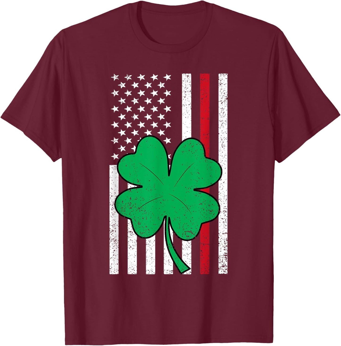 Shamrock American Flag Red Line St Patricks Day Firefighter Women Kids Men T-Shirt - T-Shirt | Maroon