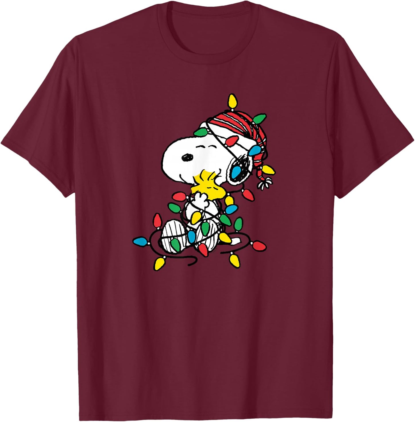 Peanuts - Snoopy Woodstock Christmas Lights T-Shirt - T-Shirt | Maroon