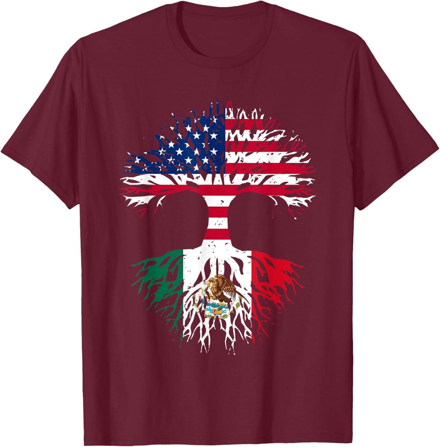 Mexican Roots American Grown Tree USA Flag Funny Mexico Flag T-Shirt - T-Shirt | Maroon