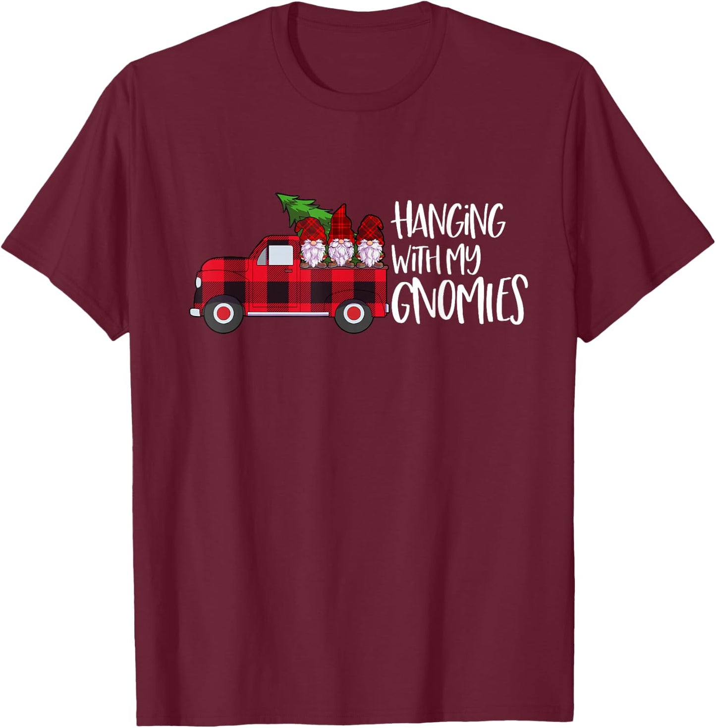 Hanging With My Gnomies Christmas Gnome Buffalo Plaid Red T-Shirt - T-Shirt | Maroon