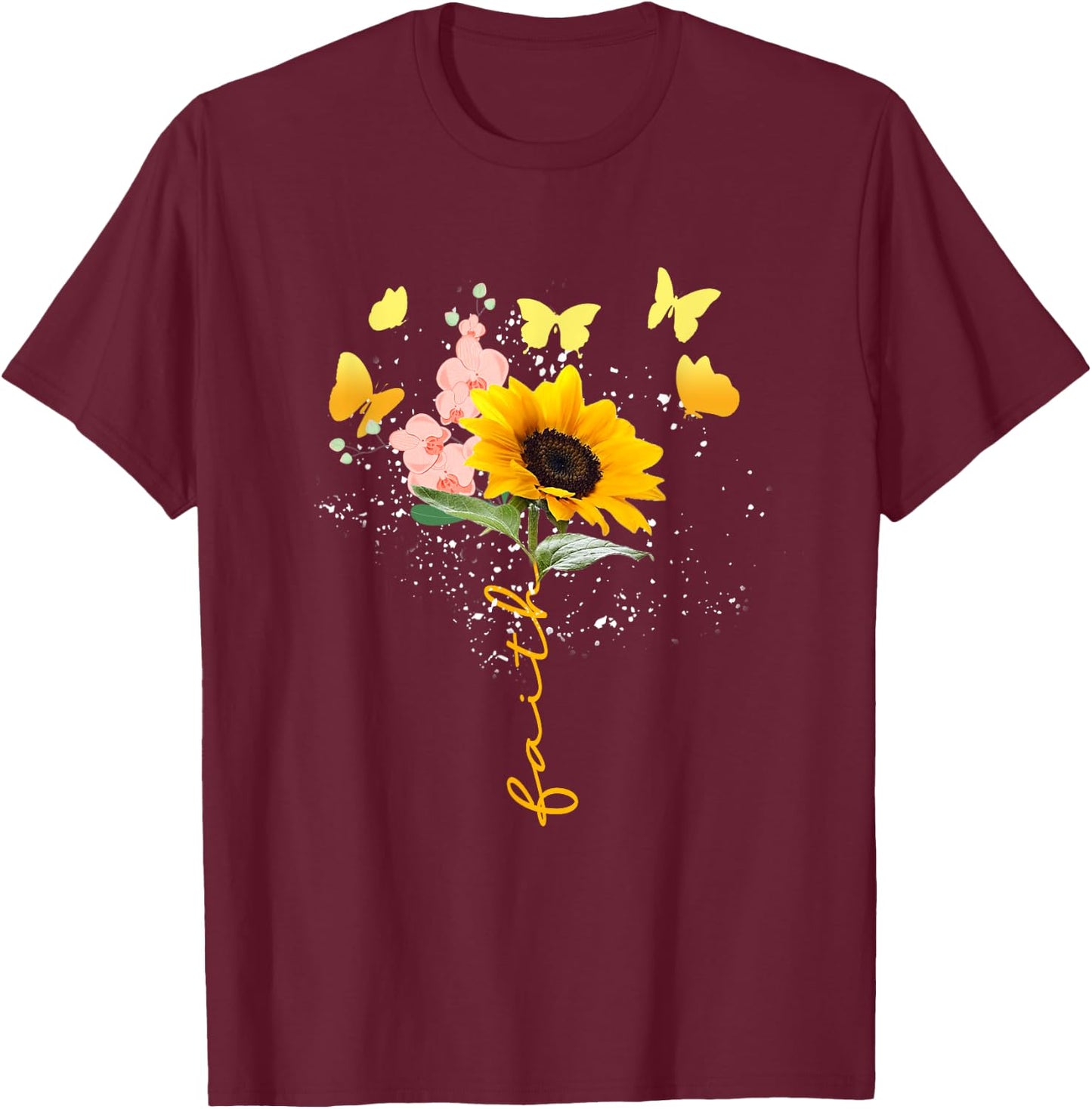 Vintage Faith Cross Sunflower Butterflies Flowers Christians T-Shirt - T-Shirt | Maroon