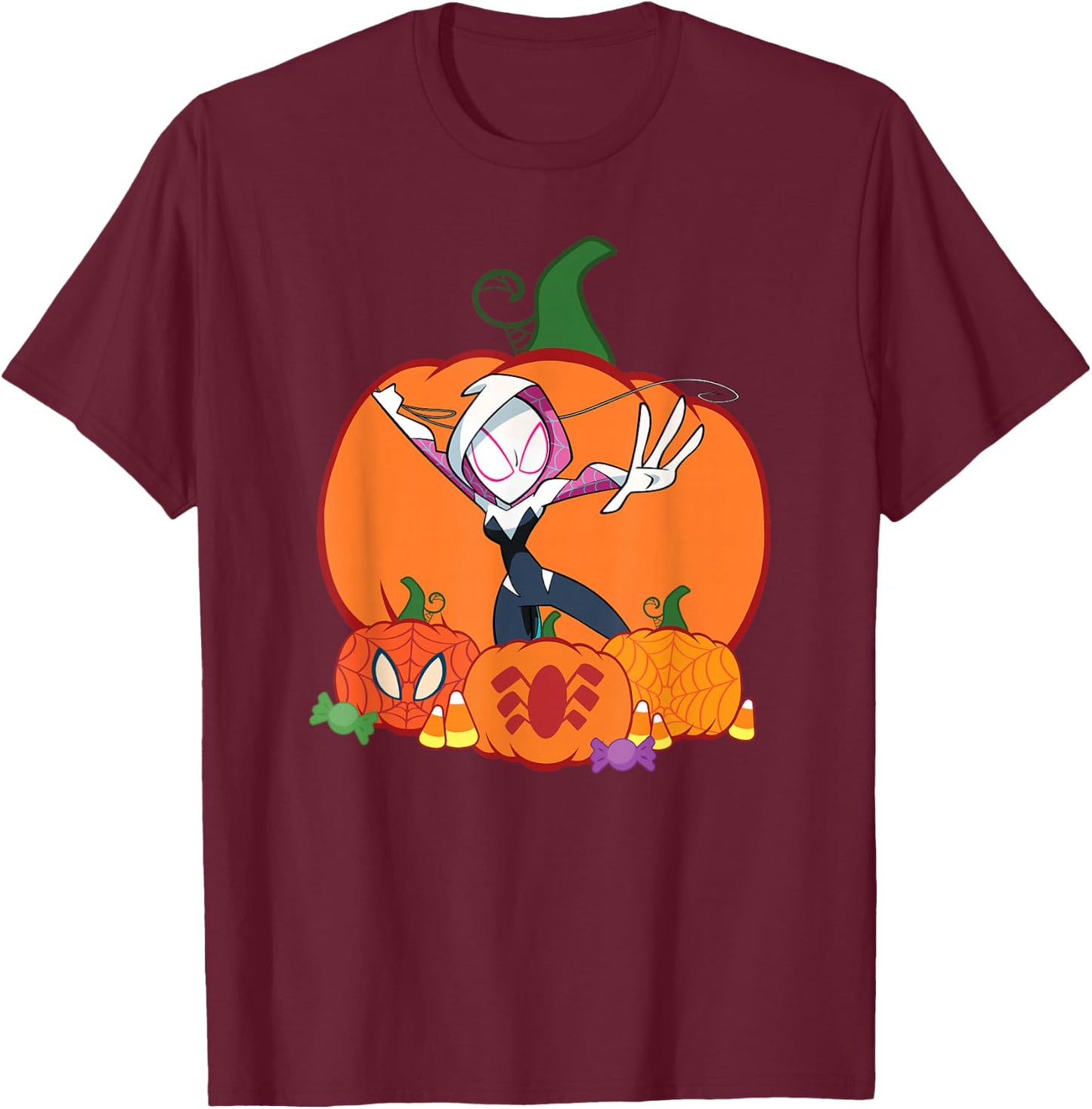 Marvel Spider-Gwen Ghost Spider Halloween with Pumpkins T-Shirt - T-Shirt | Maroon