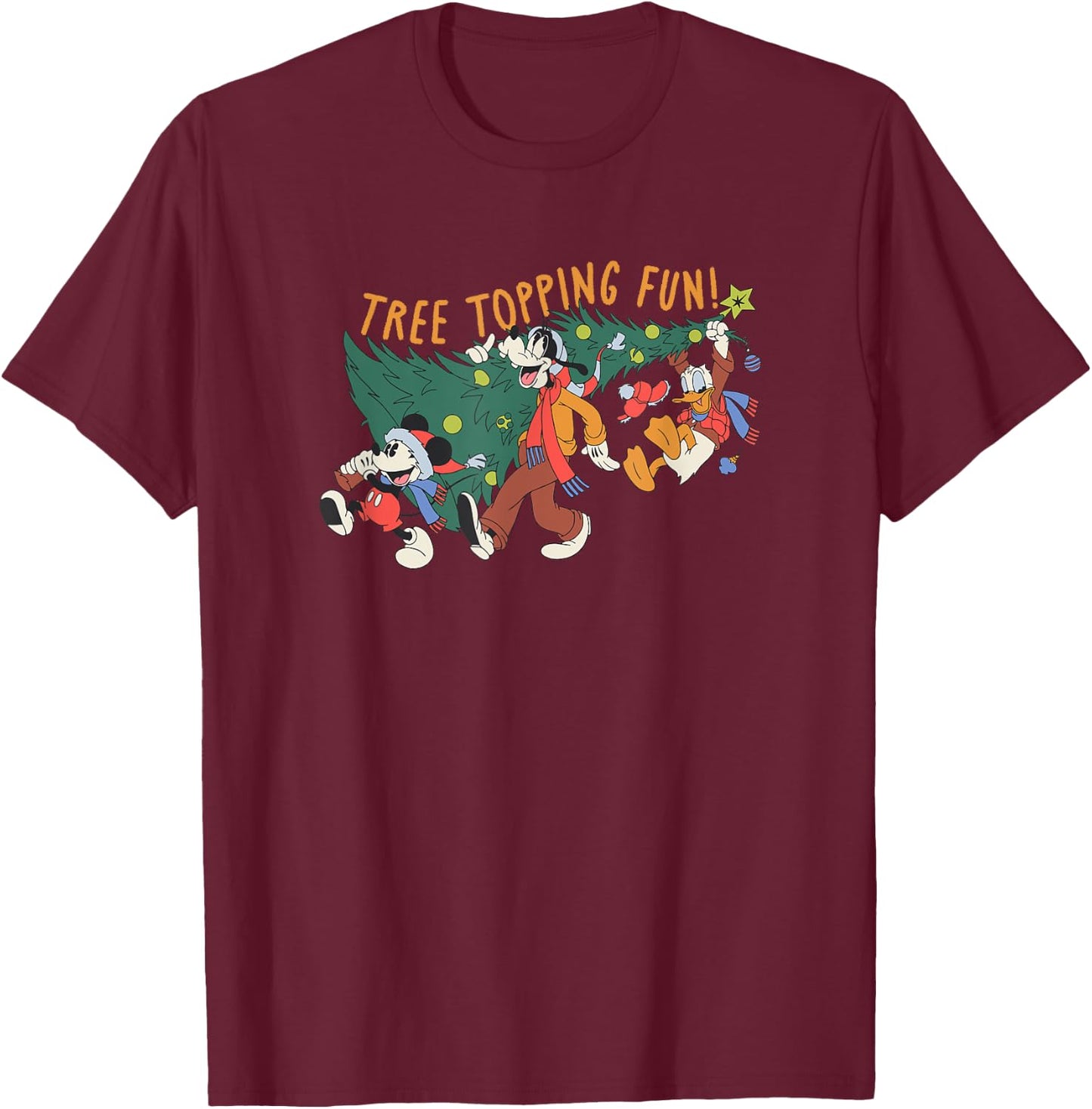 Amazon Essentials Men's Mickey Mouse Goofy and Donald Christmas Tree Topping Fun , Black Graphic Print, Small T-Shirt - T-Shirt | Maroon