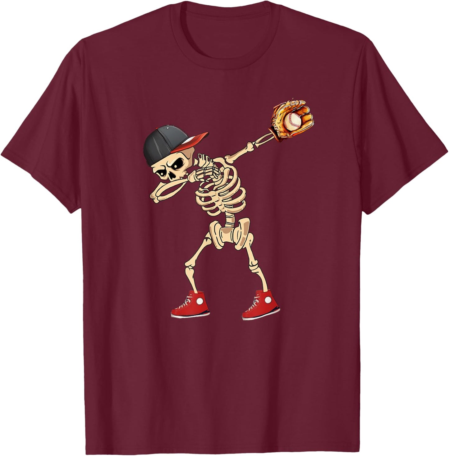 Baseball Player Catcher Pitcher with Mitt Dabbing Skeleton T-Shirt - T-Shirt | Maroon