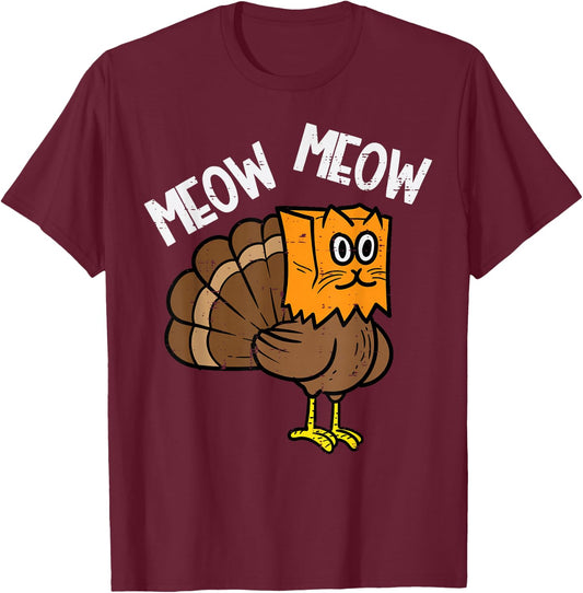 Turkey Paper Bag Meow Funny Thanksgiving Cat Men Women Kids T-Shirt - T-Shirt | Maroon