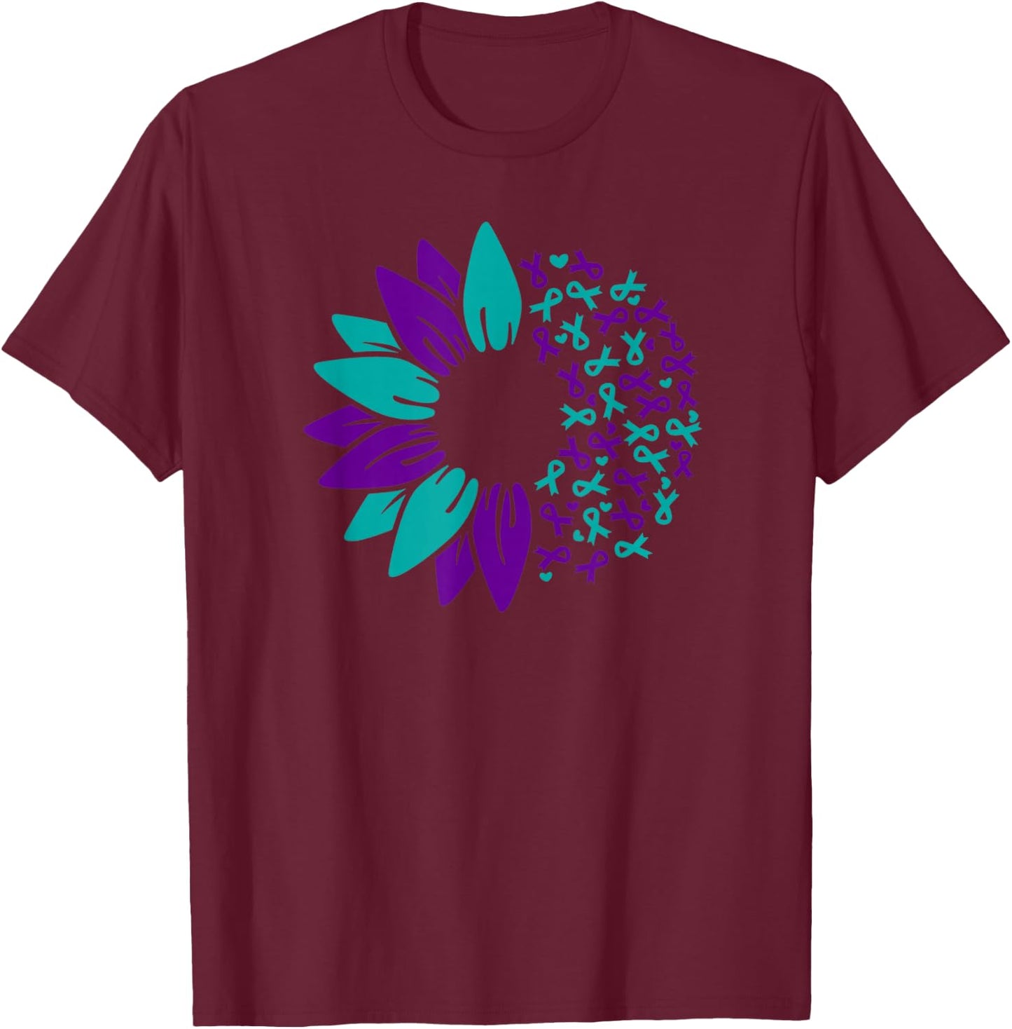 Sunflower Suicide Awareness Prevention Purple Teal Ribbon T-Shirt - T-Shirt | Maroon