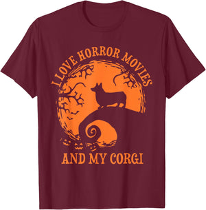 I Love Horror Movie And My Corgi, Funny Halloween Corgi T-Shirt - T-Shirt | Maroon