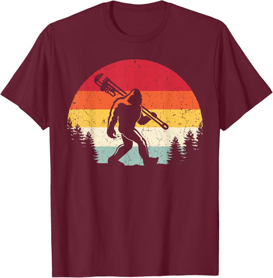 Vintage Bigfoot Plumber Pipe Wrench Funny Sasquatch Plumbing T-Shirt - T-Shirt | Maroon