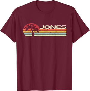 Jones Surname 80s 90s Vintage Sunset with Palm Trees T-Shirt - T-Shirt | Maroon