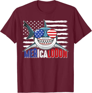 Merica Shark Funny 4th of July Megalodon American Flag T-Shirt - T-Shirt | Maroon
