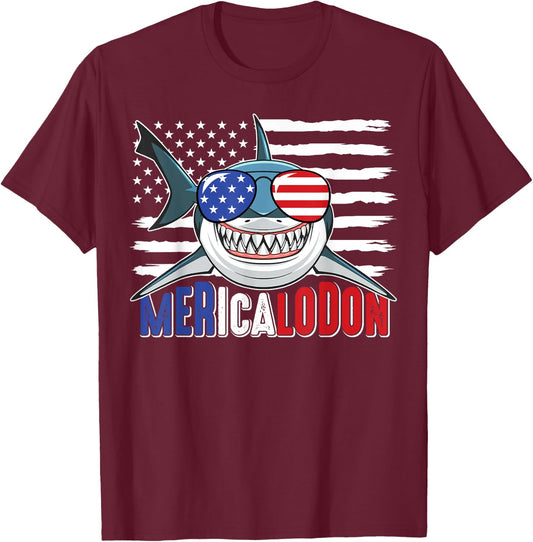 Merica Shark Funny 4th of July Megalodon American Flag T-Shirt - T-Shirt | Maroon