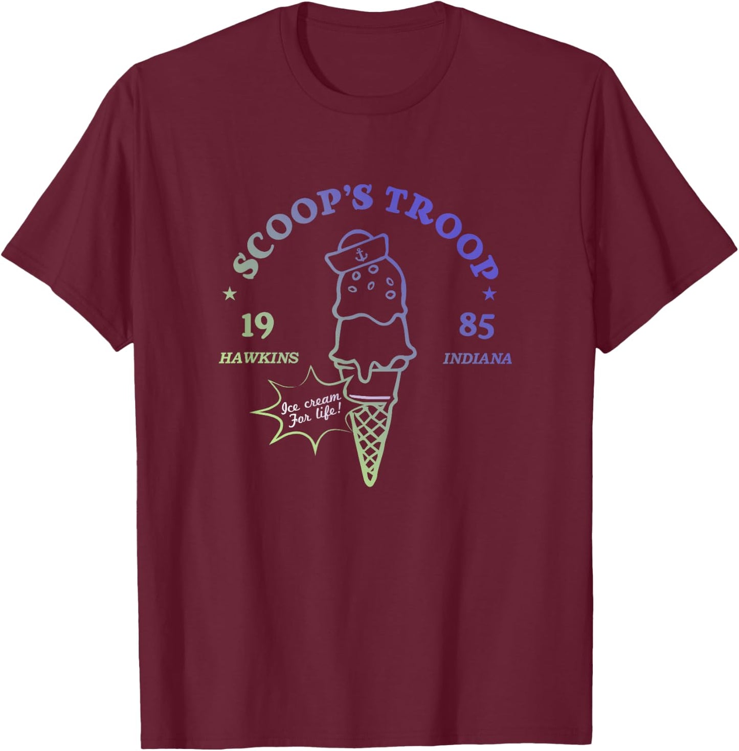 Stranger Things Vintage Gradient Scoop's Troop 1985 Badge T-Shirt - T-Shirt | Maroon