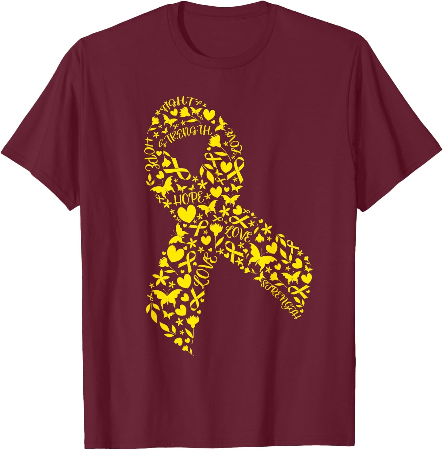 Word Art Yellow Ribbon Sarcoma Cancer Awareness Day Fighter T-Shirt - T-Shirt | Maroon