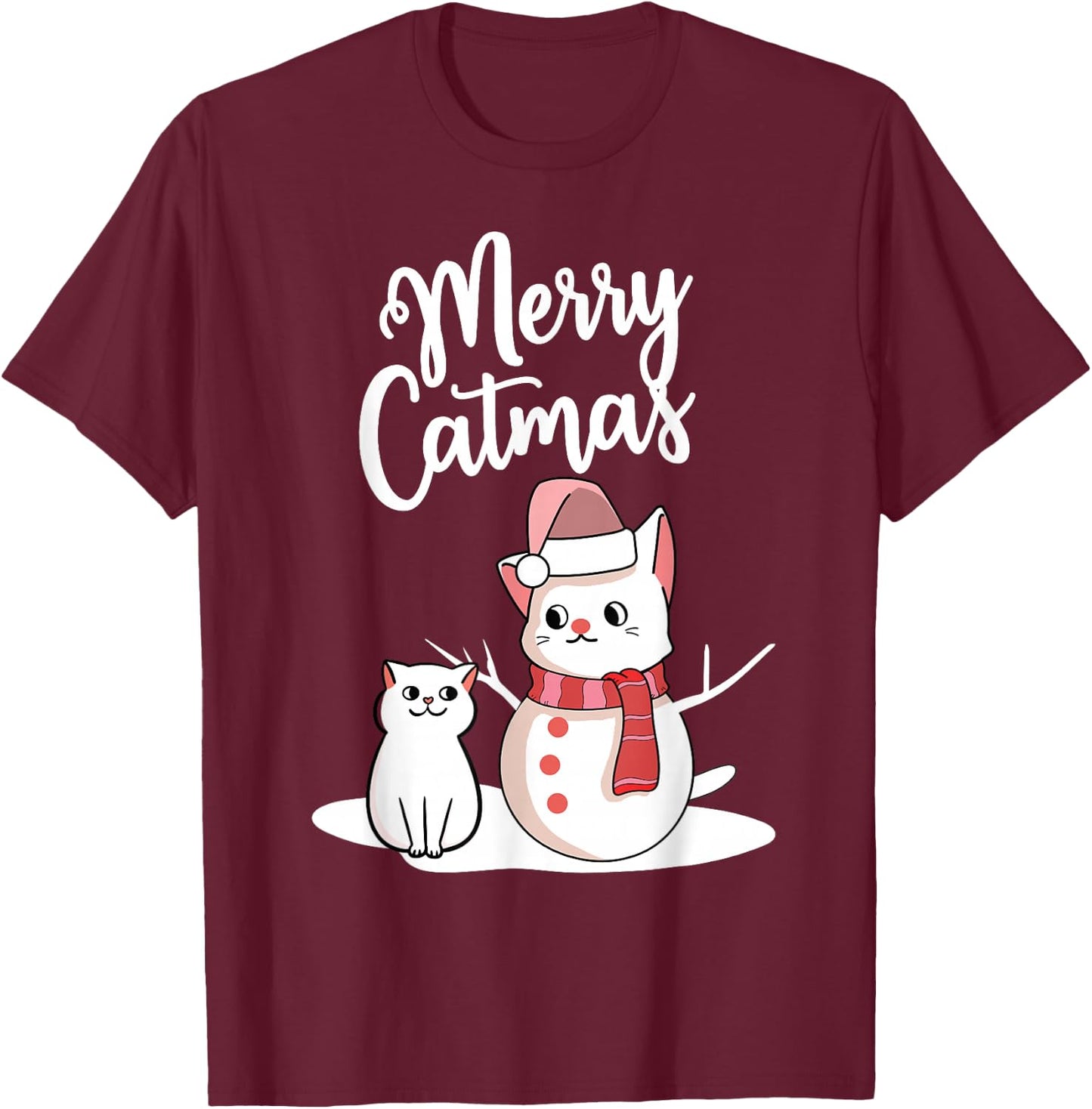 Funny Christmas Merry Catmas cat snowcat snowman graphic cat T-Shirt - T-Shirt | Maroon