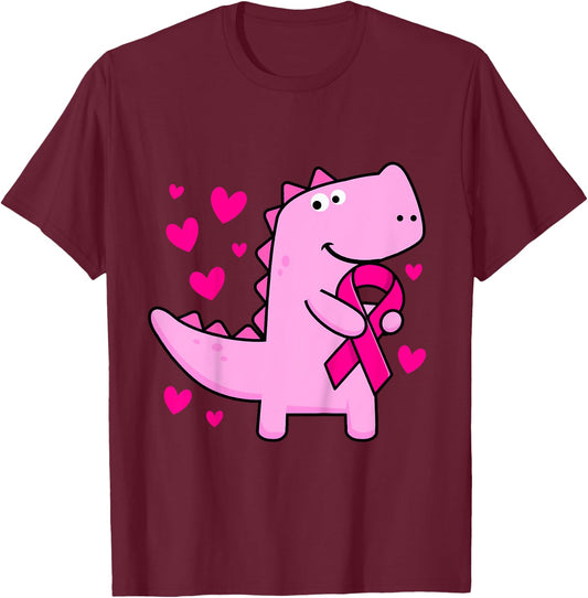 Kids Pink Ribbon T-Rex Kids Breast Cancer Awareness Boys Toddler T-Shirt - T-Shirt | Maroon