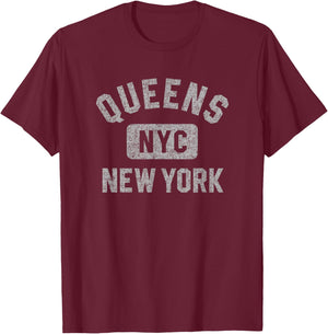 Queens NYC New York Gym Style Distressed Gray Print T-Shirt - T-Shirt | Maroon