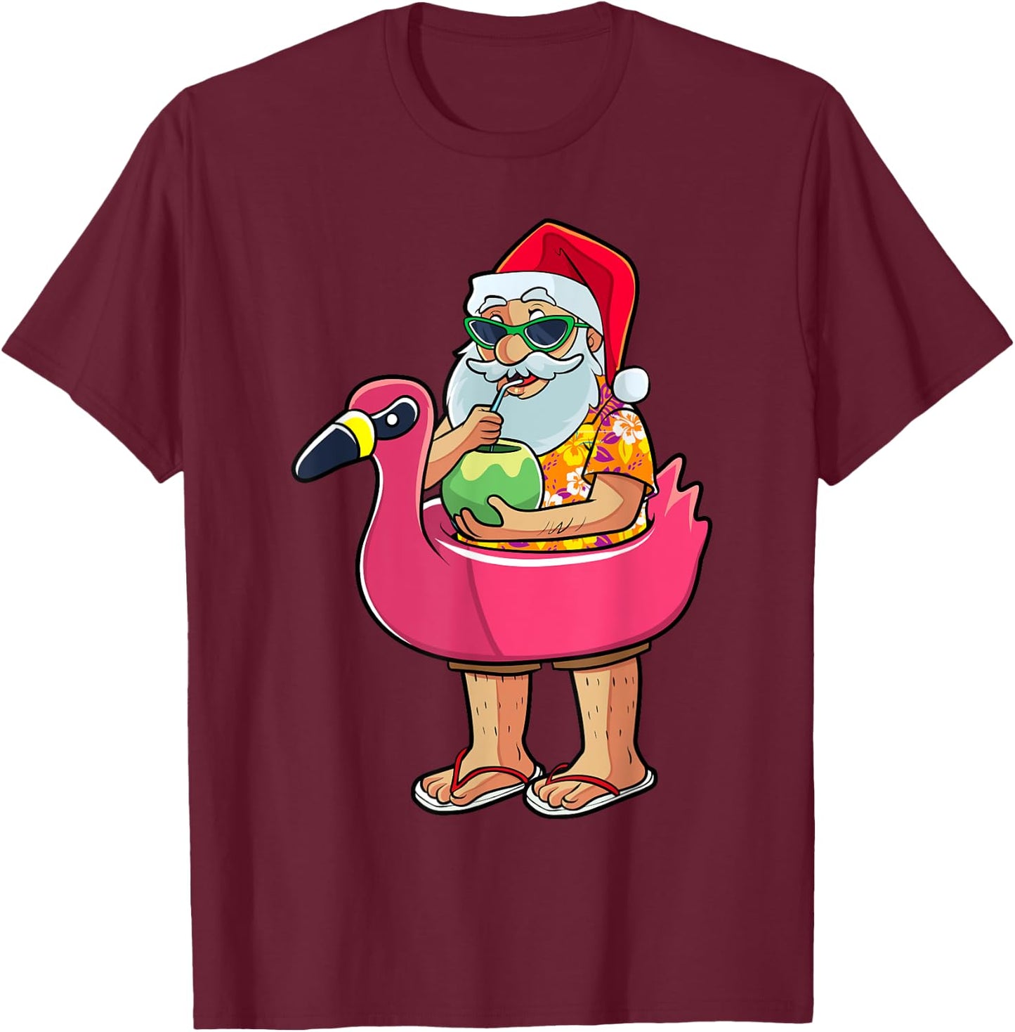 Christmas in July Funny Santa Flamingo Pool Float Summer Men T-Shirt - T-Shirt | Maroon