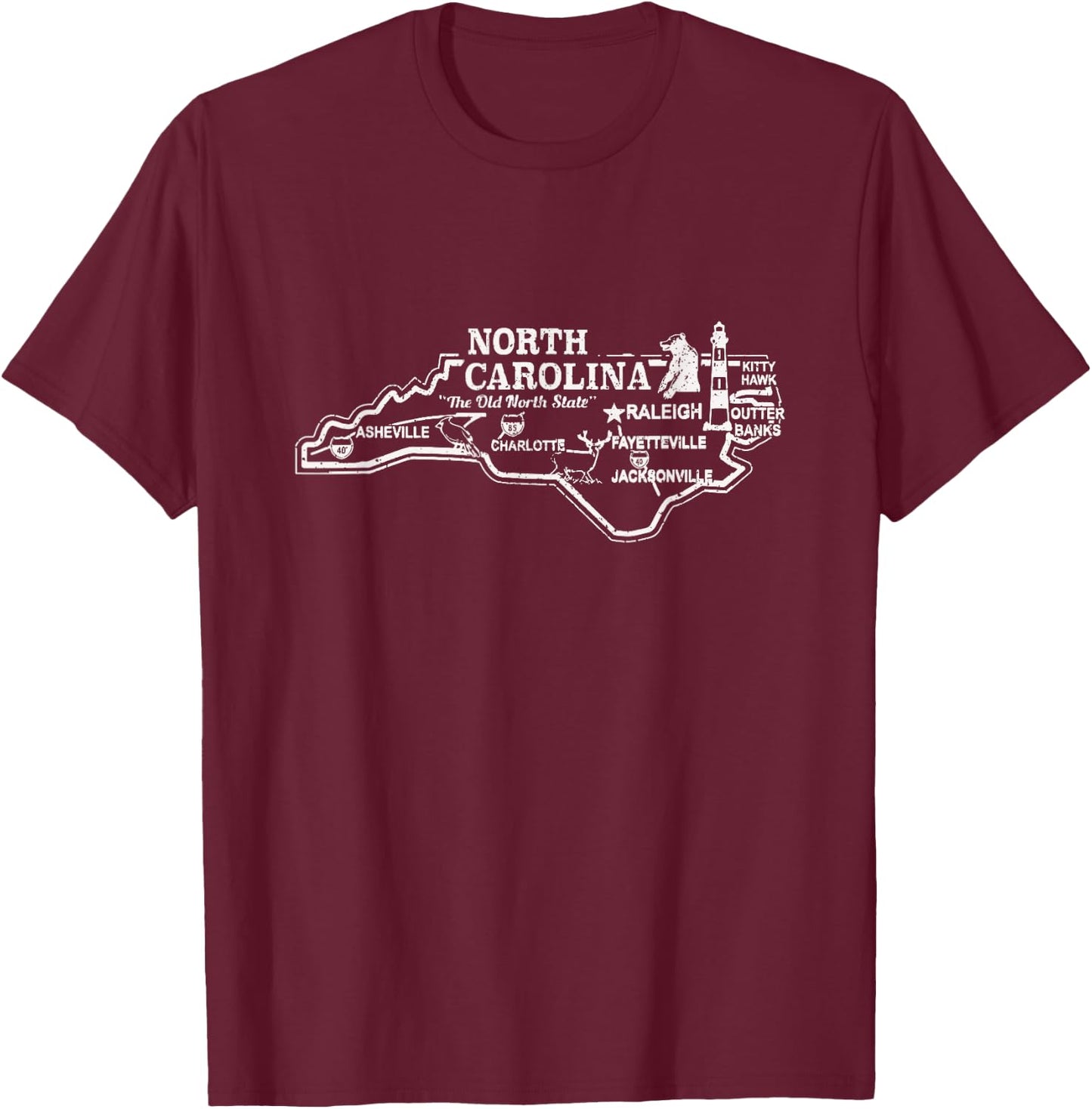 North Carolina State Map Travel Souvenir Vintage T-Shirt - T-Shirt | Maroon