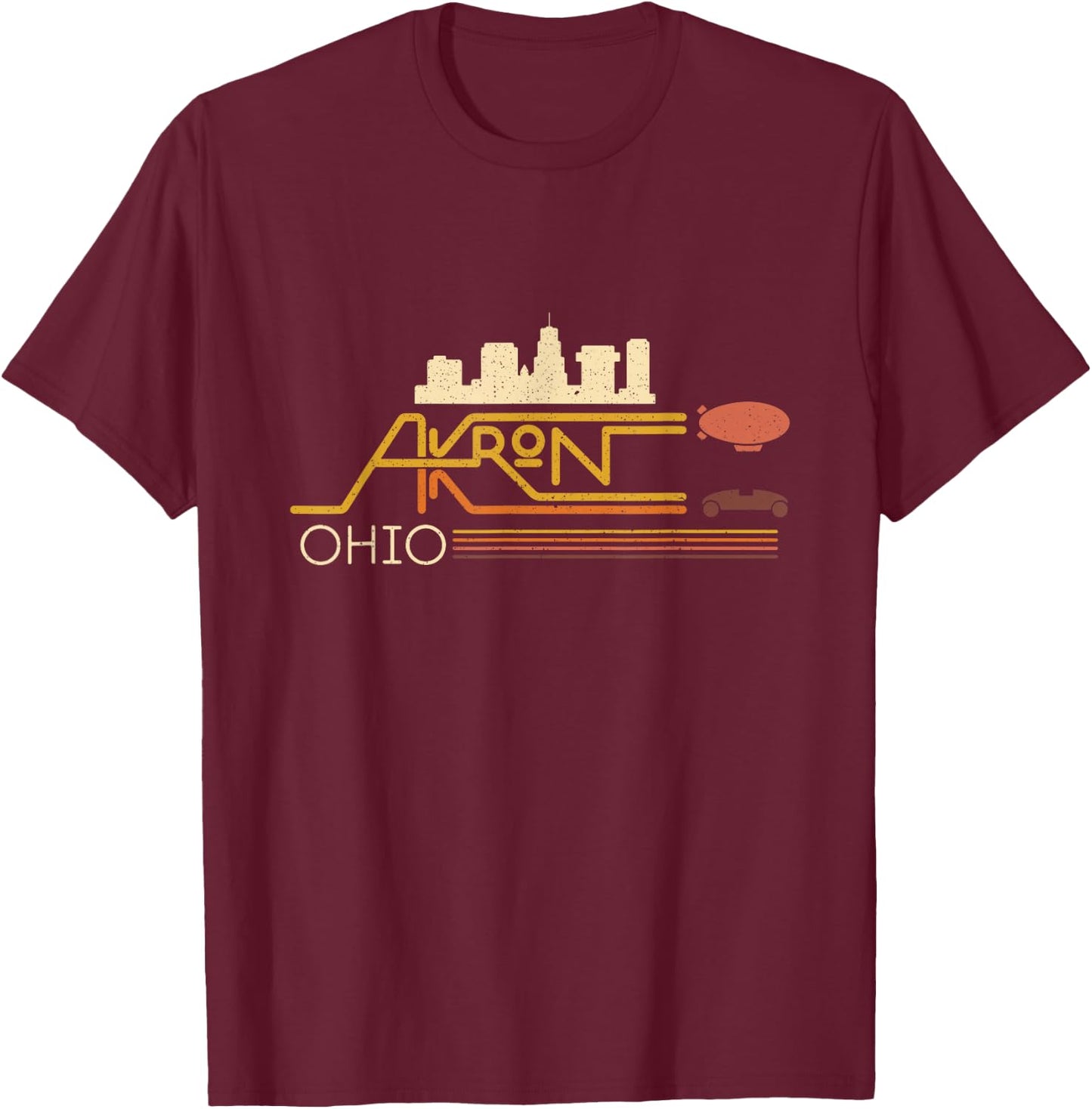 Vintage Akron Ohio Skyline With Akron Blimp On Retro Stripes T-Shirt - T-Shirt | Maroon