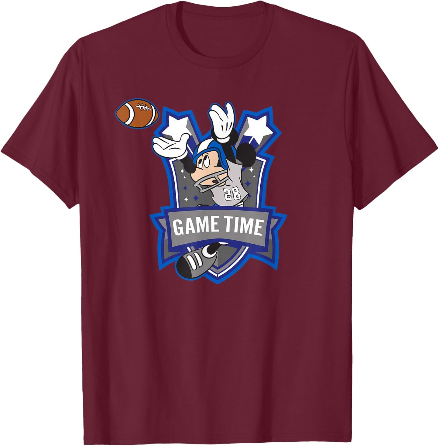 Disney Mickey Mouse #28 Game Time Football Catch Sports T-Shirt - T-Shirt | Maroon