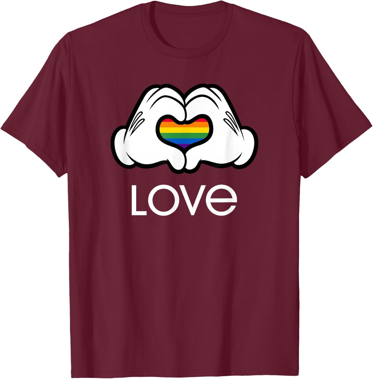 Disney Mickey And Friends Hands Rainbow Heart Love T-Shirt - T-Shirt | Maroon