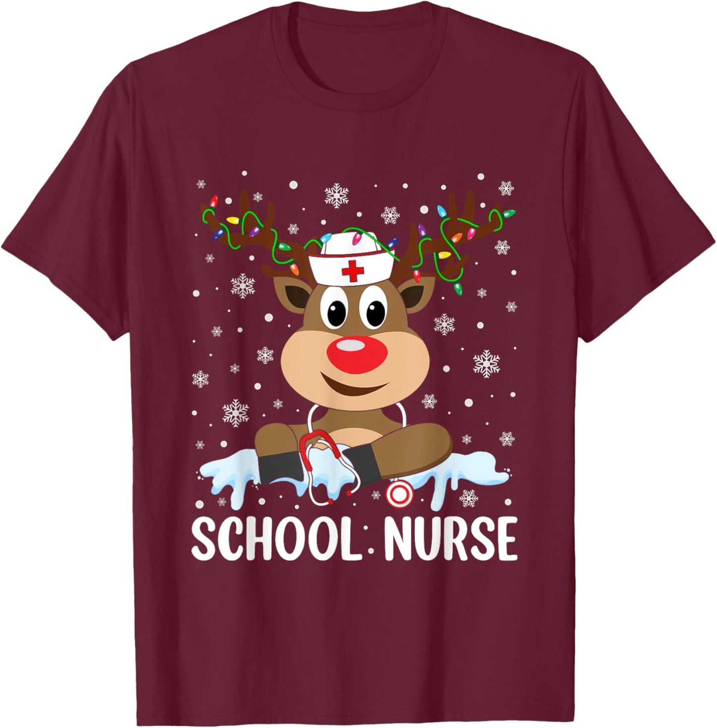 Love Nurse Life Reindeer Xmas School Nurse Christmas Pajama T-Shirt - T-Shirt | Maroon