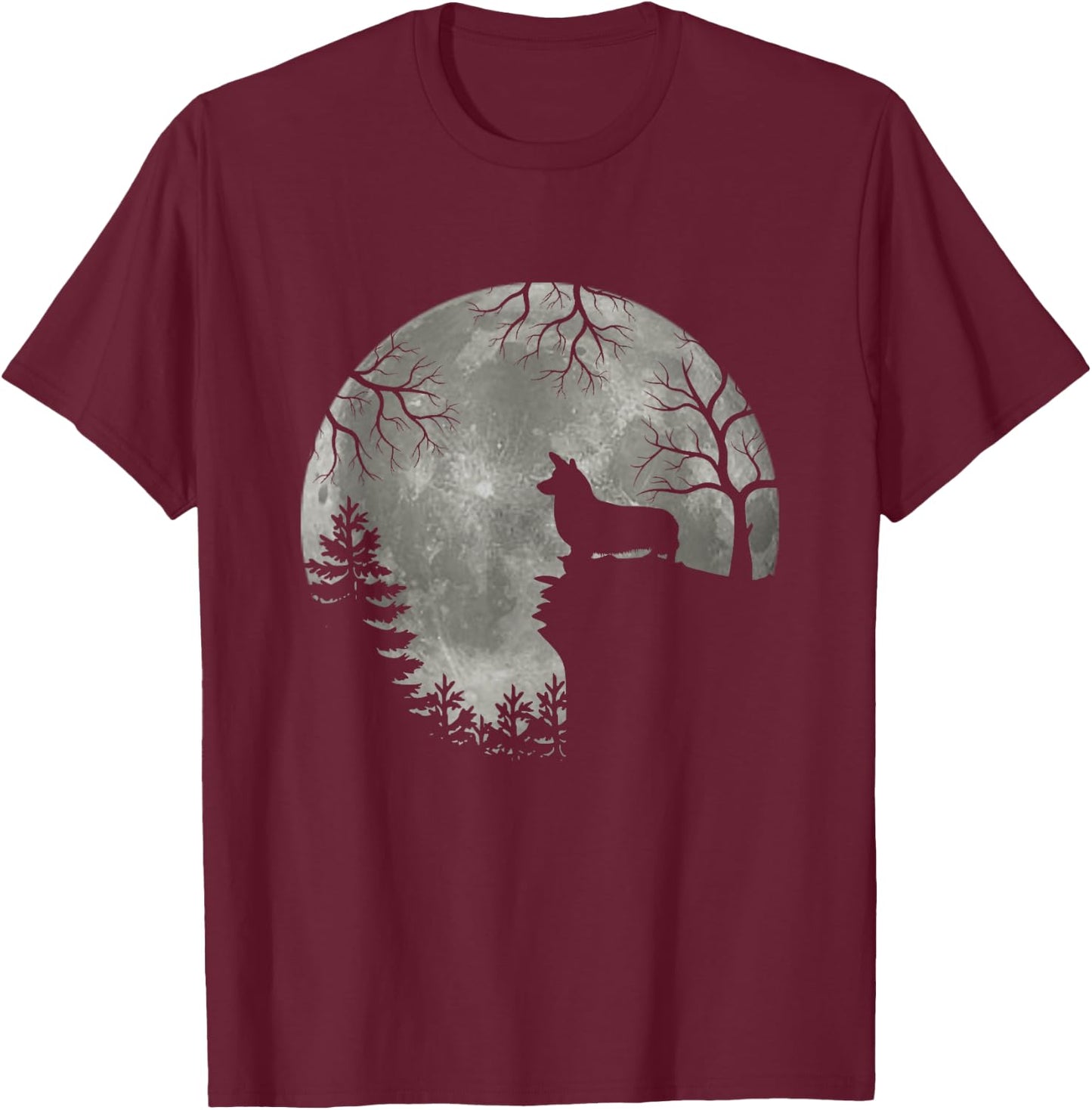 Corgi Dog Moon Howl in Forest Halloween Costume T-Shirt - T-Shirt | Maroon