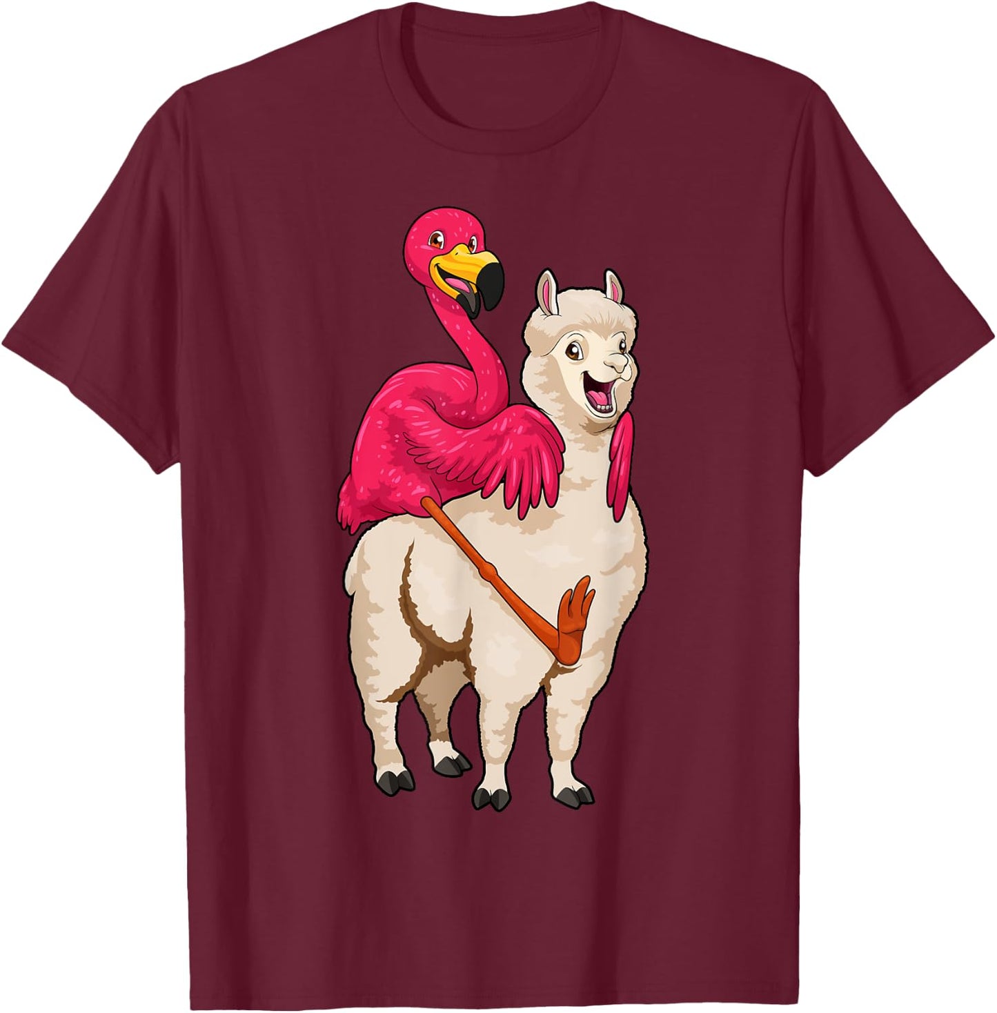 Flamingo Riding Llama Funny Flock Bird Llama Farmer Pun T-Shirt - T-Shirt | Maroon