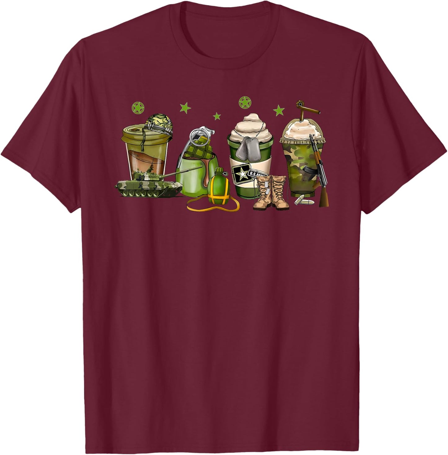 Army Military Coffee Camouflage Latte Cups Veteran Day T-Shirt - T-Shirt | Maroon