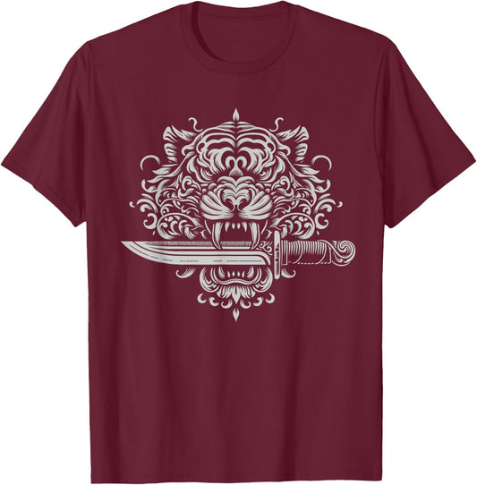 Sak Yant Muay Thai MMA Tattoo Tiger Head Knife Martial Art T-Shirt - T-Shirt | Maroon