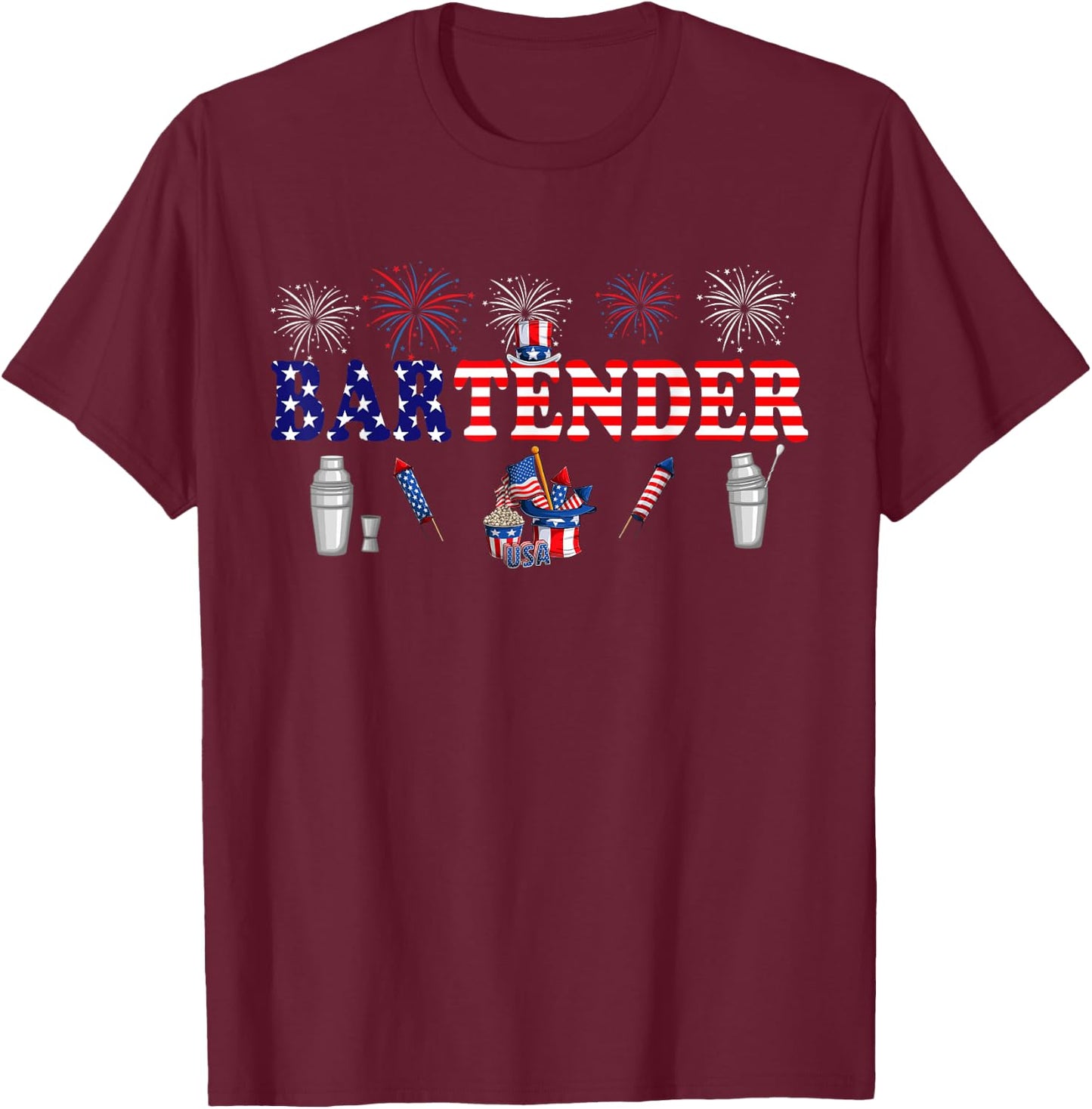Bartender Costume Proud 4th Of July American Flag Fireworks T-Shirt - T-Shirt | Maroon