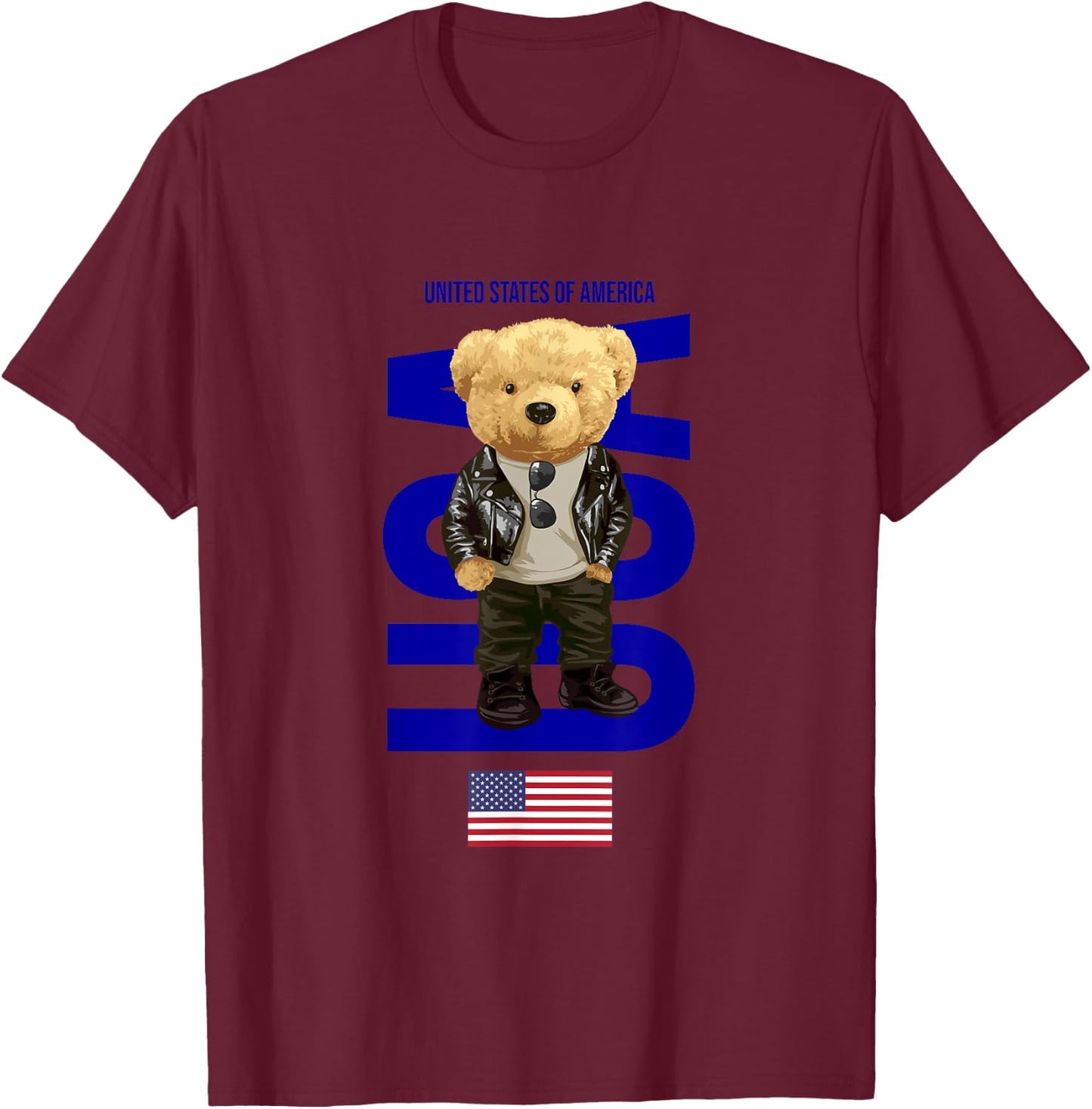 Cool Teddy Bear in USA American Style Illustration Graphic T-Shirt - T-Shirt | Maroon