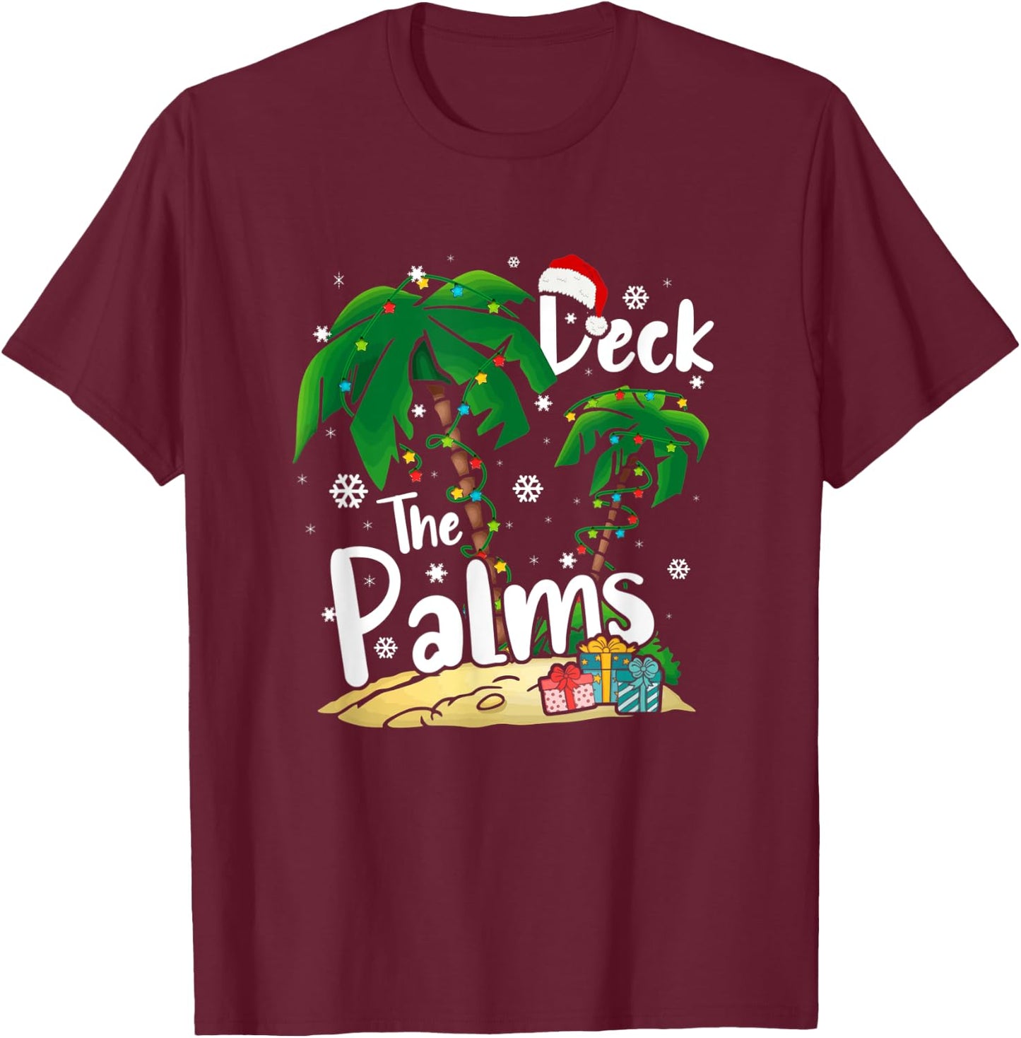 Deck The Palms Tropical Hawaii Christmas Palm Tree Lights T-Shirt - T-Shirt | Maroon