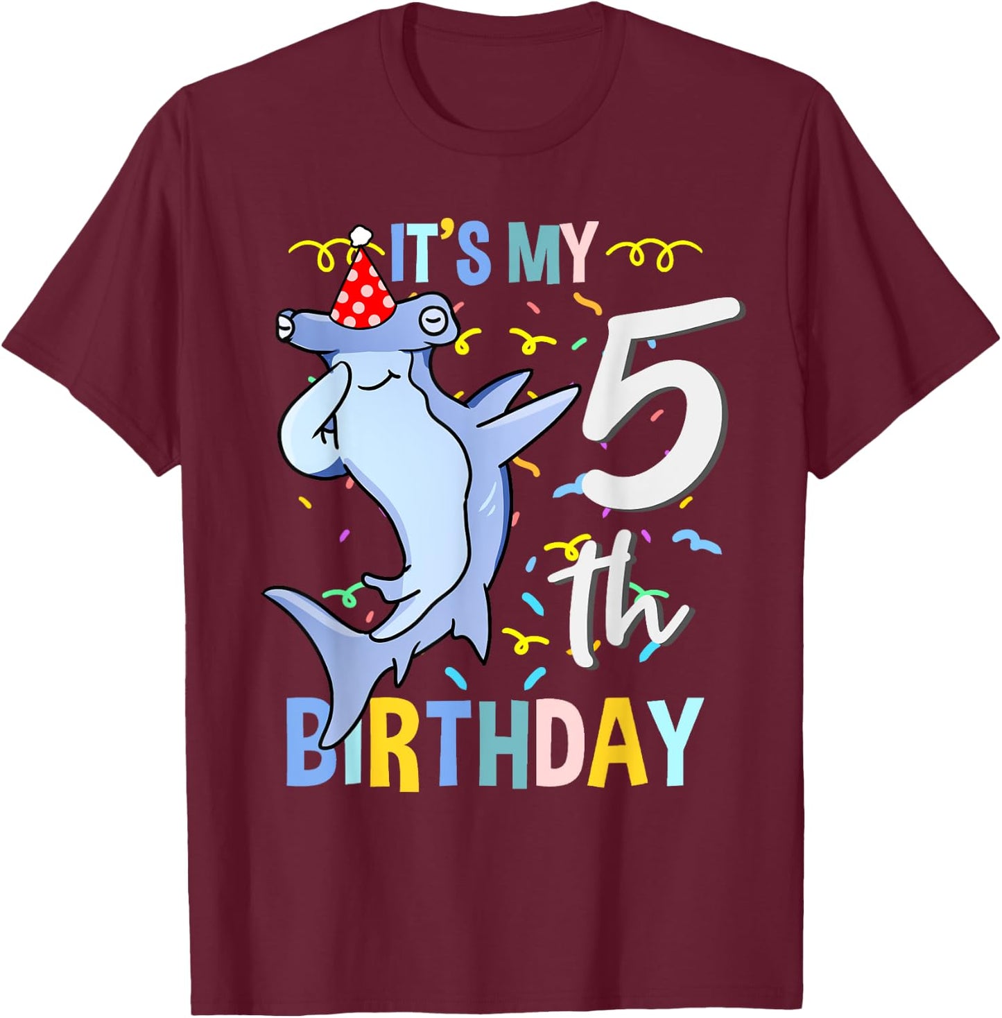 Its My 5th Birthday Dabbing Hammerhead Shark T-Shirt - T-Shirt | Maroon