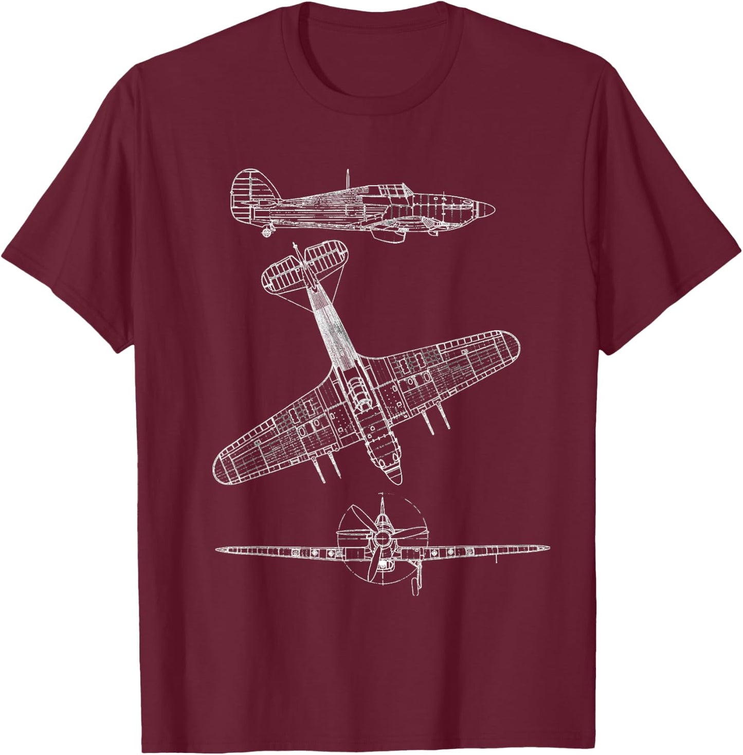 Hawker Hurricane Aircraft Blueprint Design T-Shirt - T-Shirt | Maroon