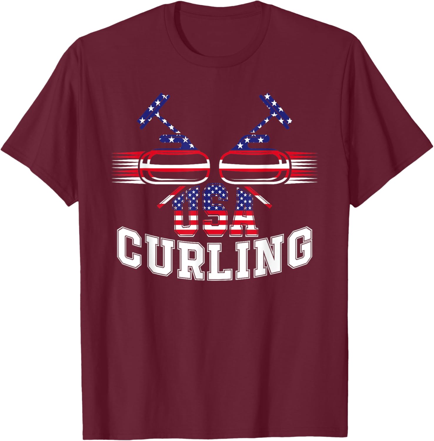 American Flag USA Team Curling Rock Winter Sports Lovers T-Shirt - T-Shirt | Maroon