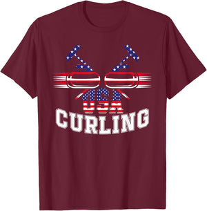 American Flag USA Team Curling Rock Winter Sports Lovers T-Shirt - T-Shirt | Maroon