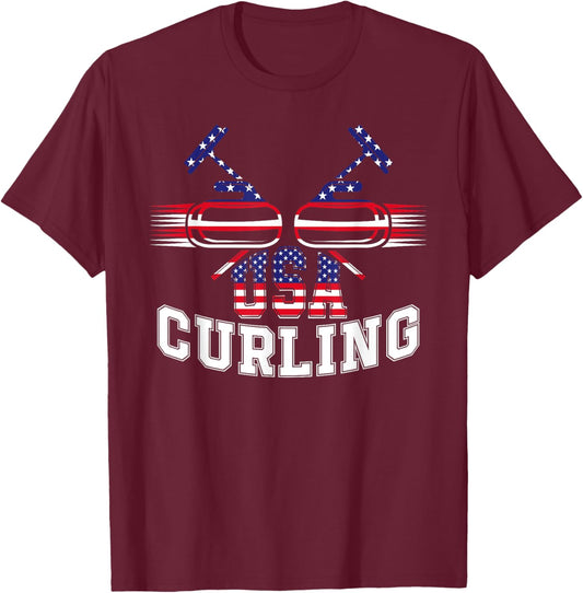 American Flag USA Team Curling Rock Winter Sports Lovers T-Shirt - T-Shirt | Maroon