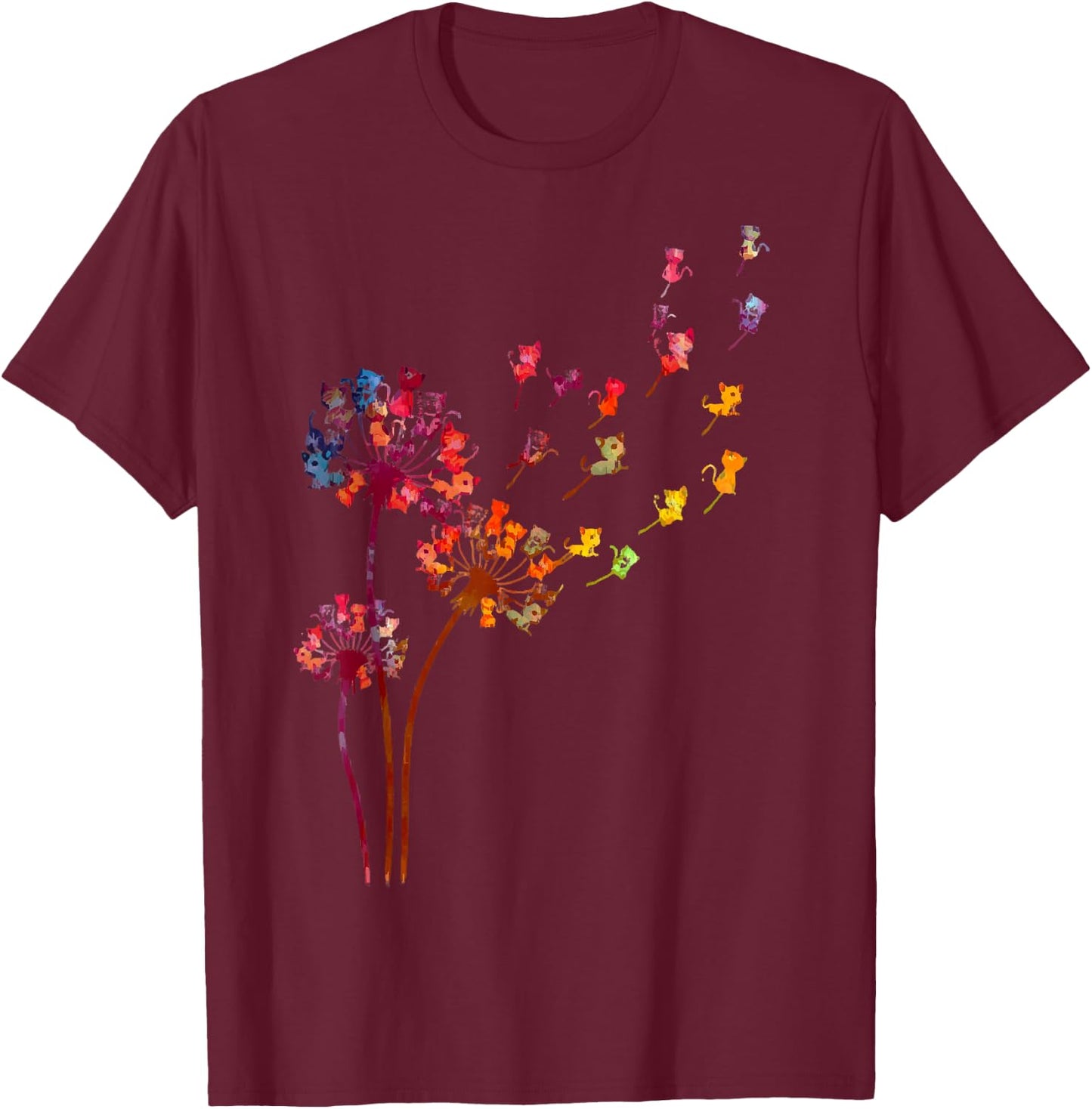Tie Dye Dandelion Cats Flower Colorful Pet Cat Women T-Shirt - T-Shirt | Maroon