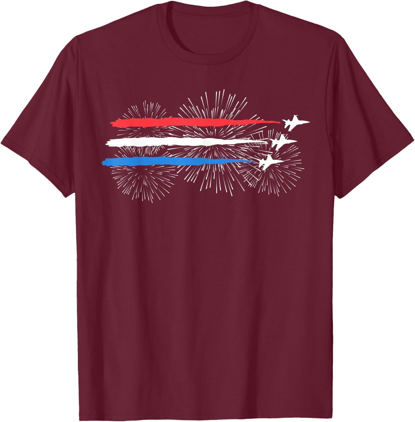 Red White and Blue Fighter Jets with Fireworks 4th of July T-Shirt - T-Shirt | Maroon