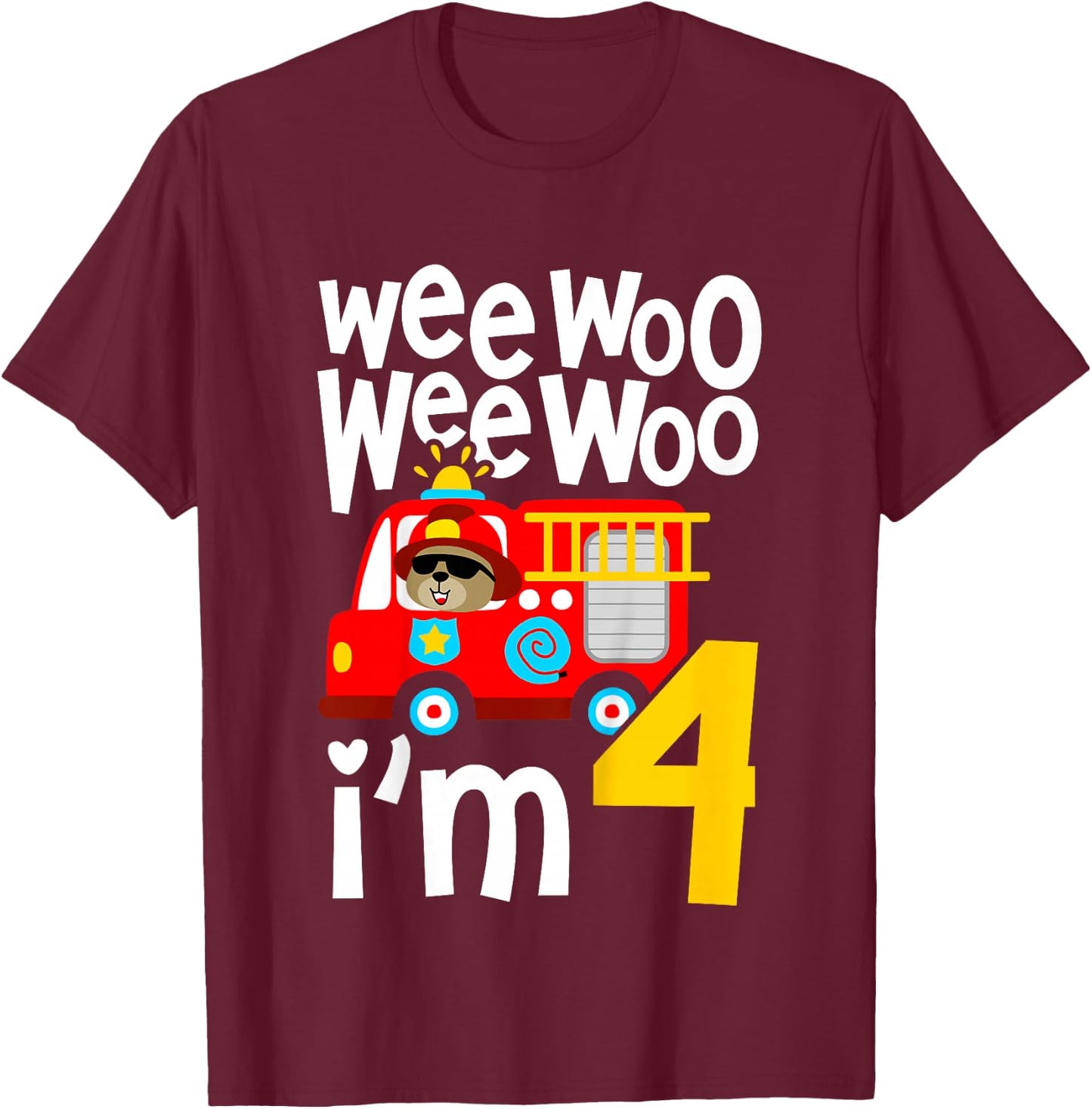 Kids Boys Birthday Wee Woo Wee Woo I'm 4 Red Fire Truck T-Shirt - T-Shirt | Maroon