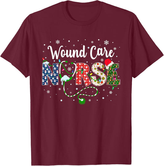 Wound Care Nurse Xmas Santa Hat Nurse Christmas Pattern T-Shirt - T-Shirt | Maroon